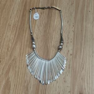 Silver Tone Tribal Fan Fringe Bib Statement Necklace Black Cord Collar Boho